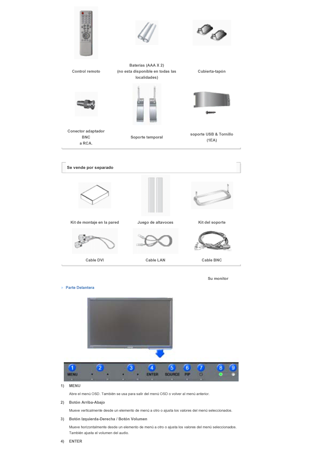 Samsung 400PXn Control remoto, Soporte temporal, Kit de montaje en la pared Juego de altavoces, Cable DVI Cable LAN 