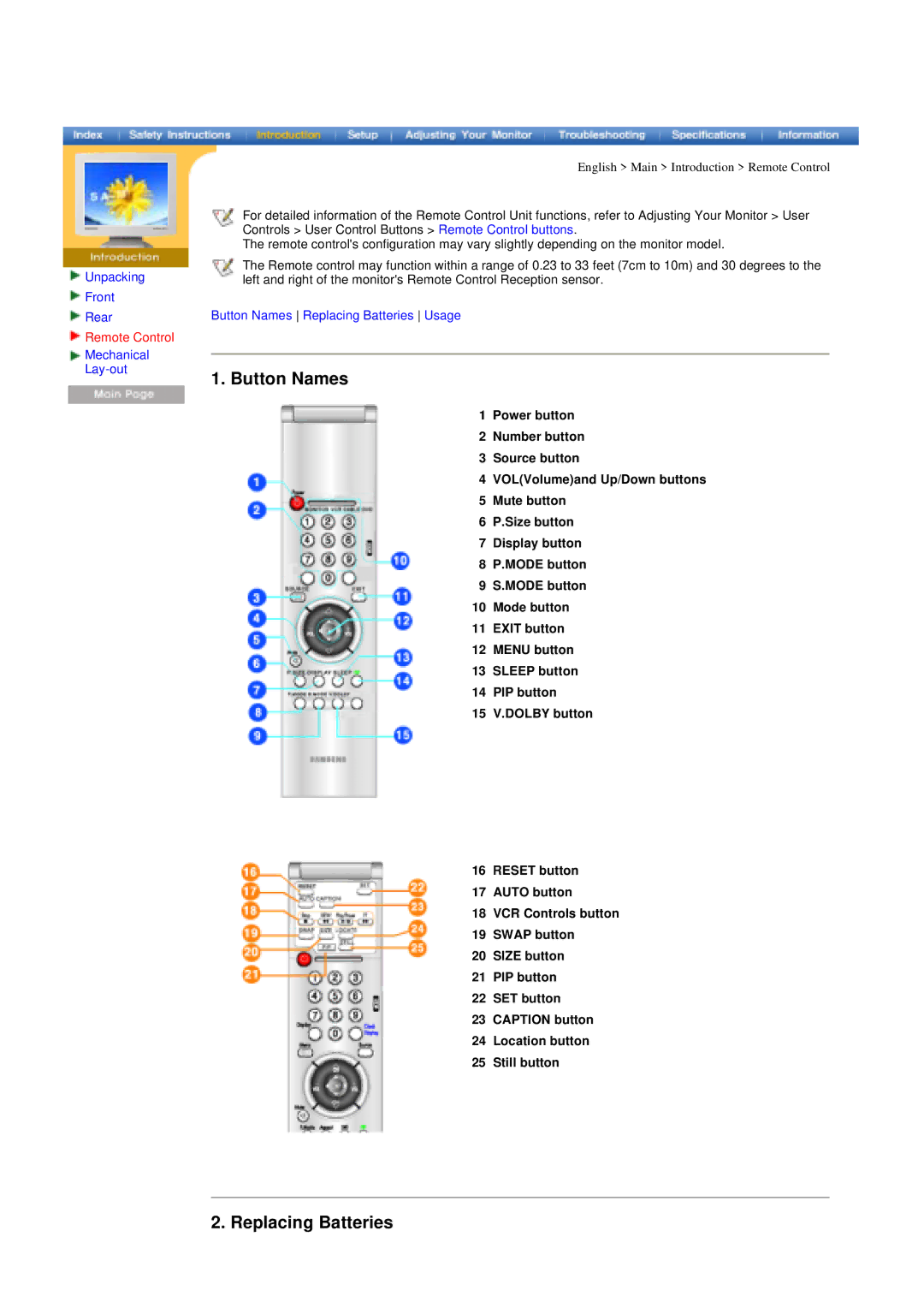 Samsung 400T manual Button Names, Replacing Batteries, Remote Control 