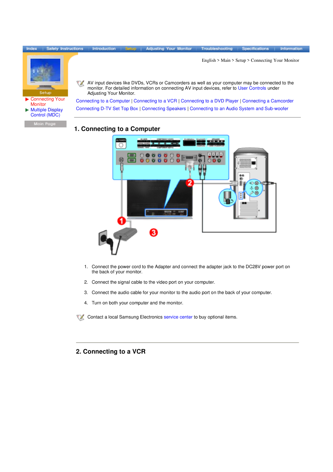 Samsung 400T manual Connecting to a Computer, Connecting to a VCR, Connecting Your Monitor 