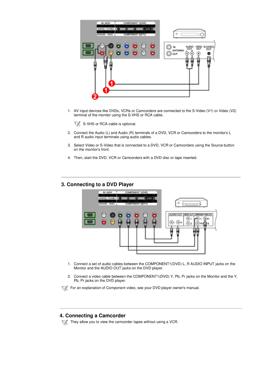 Samsung 400T manual Connecting to a DVD Player, Connecting a Camcorder 