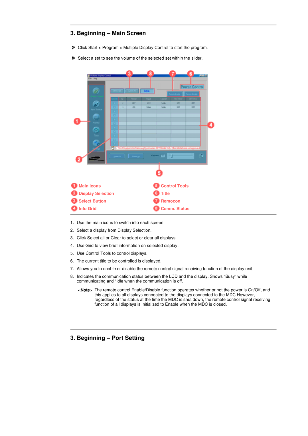 Samsung 400T manual Beginning Main Screen, Beginning Port Setting 