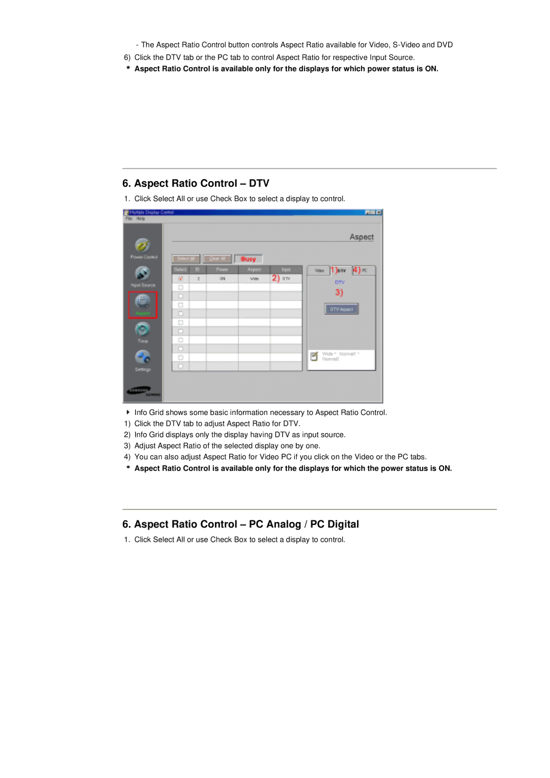 Samsung 400T manual Aspect Ratio Control DTV, Aspect Ratio Control PC Analog / PC Digital 