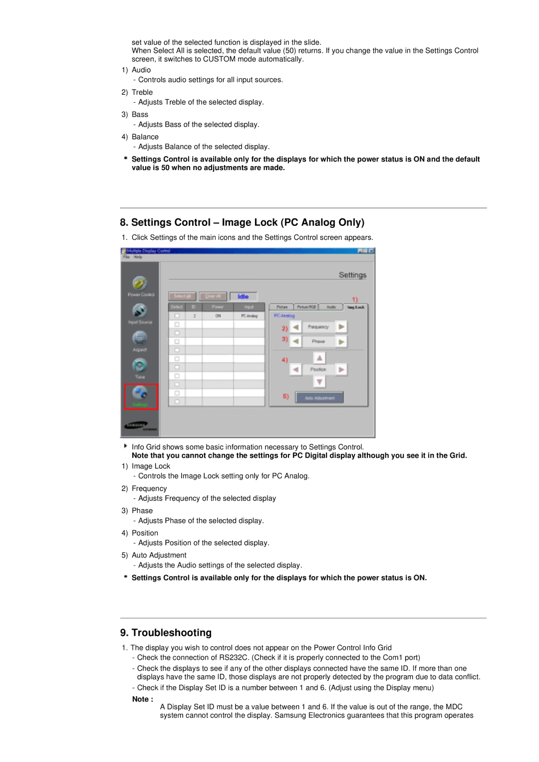 Samsung 400T manual Settings Control Image Lock PC Analog Only, Troubleshooting 