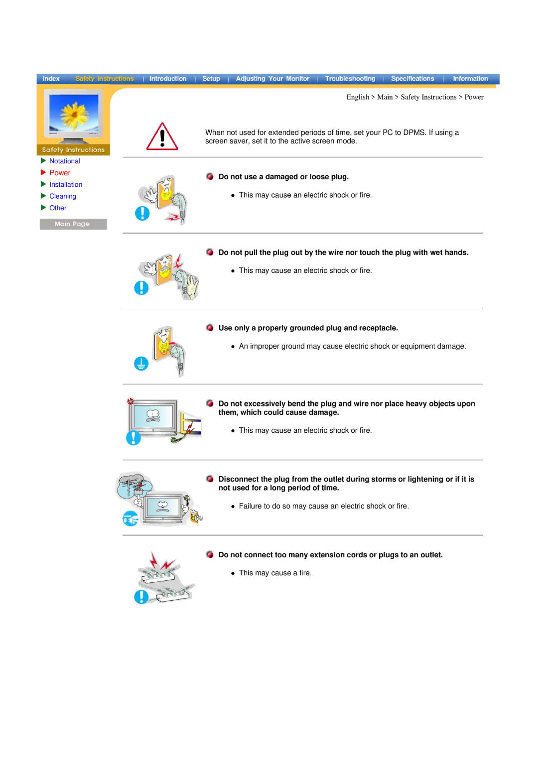 Samsung 400T manual Power, Do not use a damaged or loose plug, Use only a properly grounded plug and receptacle 