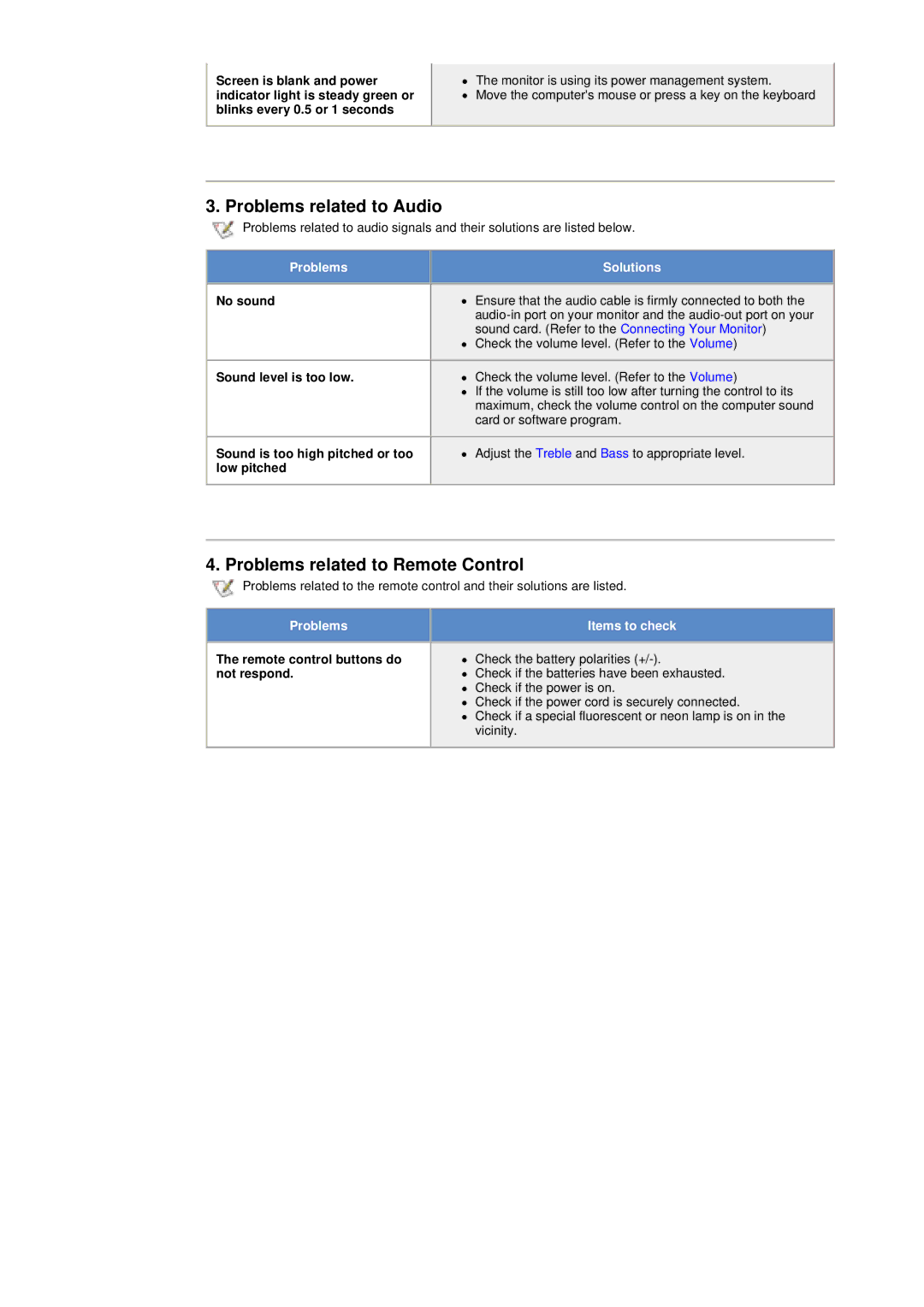 Samsung 400T manual Problems related to Audio, Problems related to Remote Control 