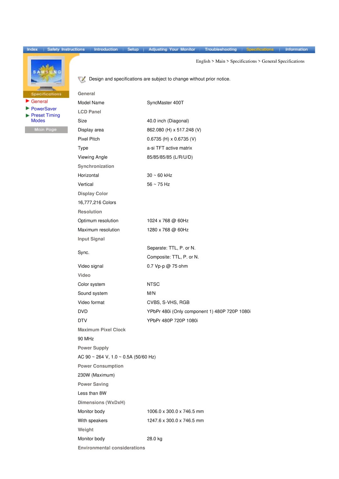 Samsung 400T manual General, PowerSaver Preset Timing Modes 