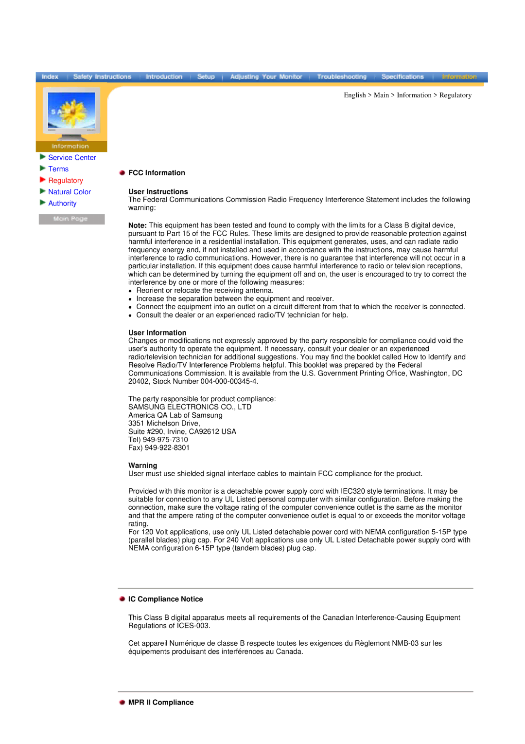 Samsung 400T Regulatory, FCC Information User Instructions, User Information, IC Compliance Notice, MPR II Compliance 