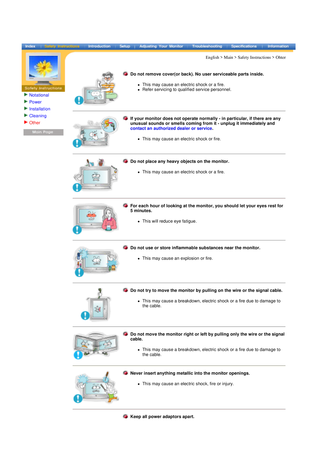 Samsung 400T manual Other, Do not place any heavy objects on the monitor, Keep all power adaptors apart 