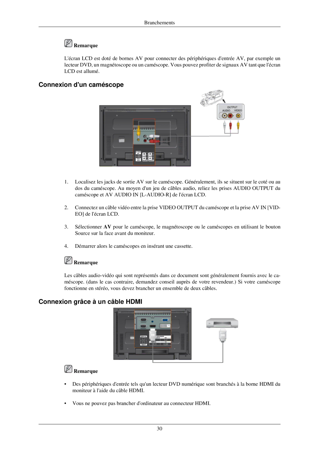 Samsung 460TSN-2, 400TSN-2 quick start Connexion dun caméscope, Connexion grâce à un câble Hdmi 