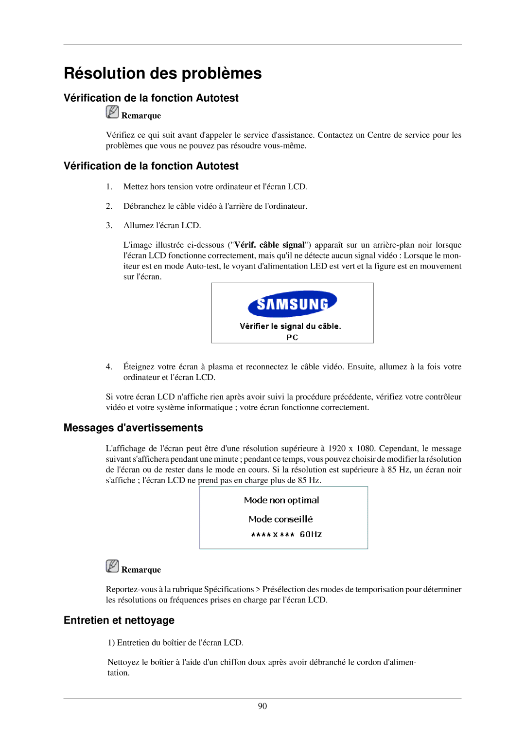 Samsung 400TSN-2, 460TSN-2 Vérification de la fonction Autotest, Messages davertissements, Entretien et nettoyage 