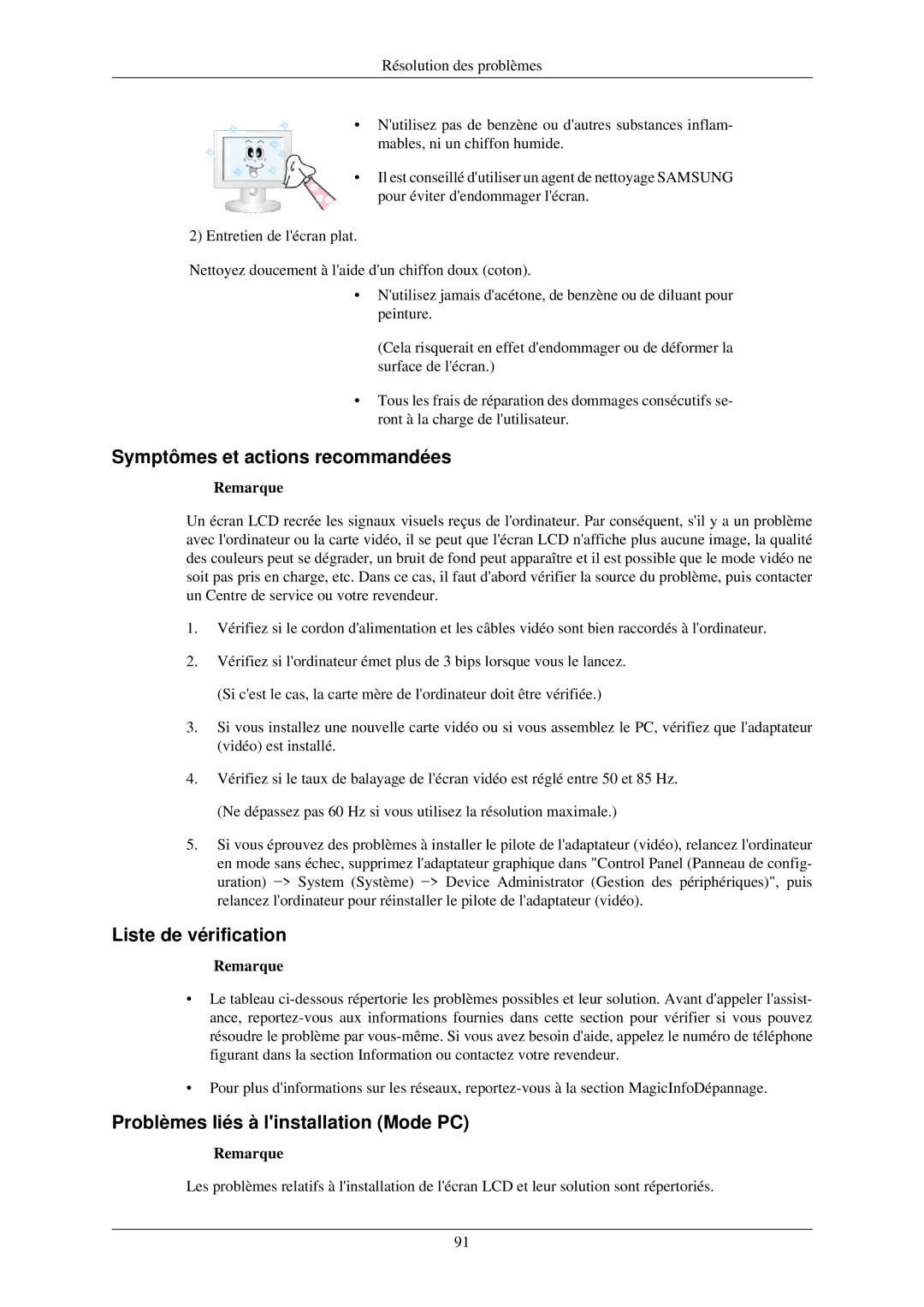 Samsung 460TSN-2 Symptômes et actions recommandées, Liste de vérification, Problèmes liés à linstallation Mode PC 