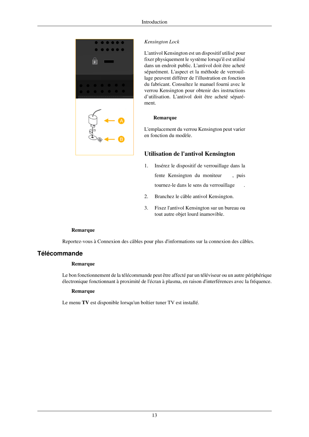 Samsung 460TSN-2, 400TSN-2 quick start Télécommande, Kensington Lock 