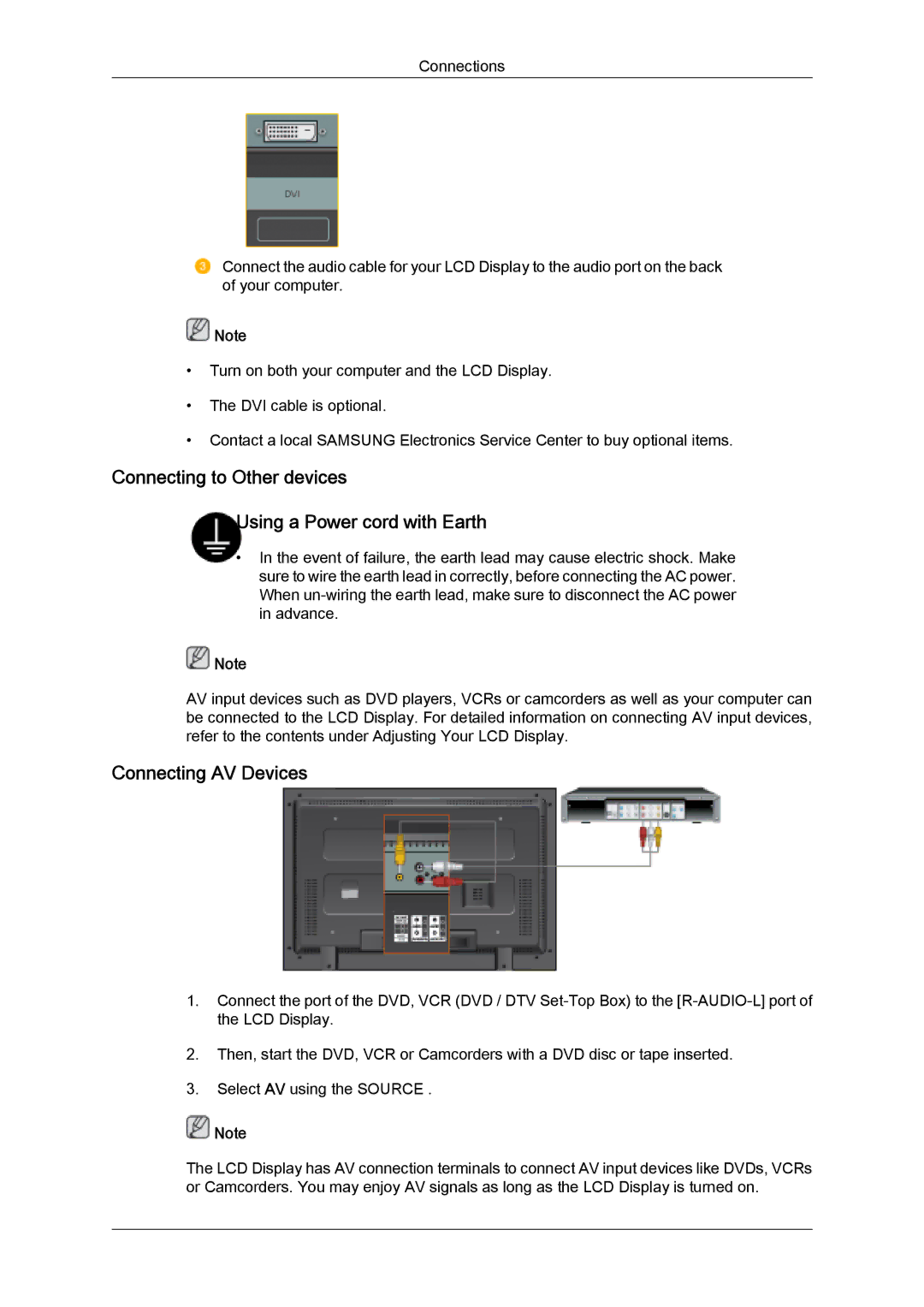 Samsung 400TSN-2, 460TSN-2 quick start Connecting to Other devices Using a Power cord with Earth, Connecting AV Devices 