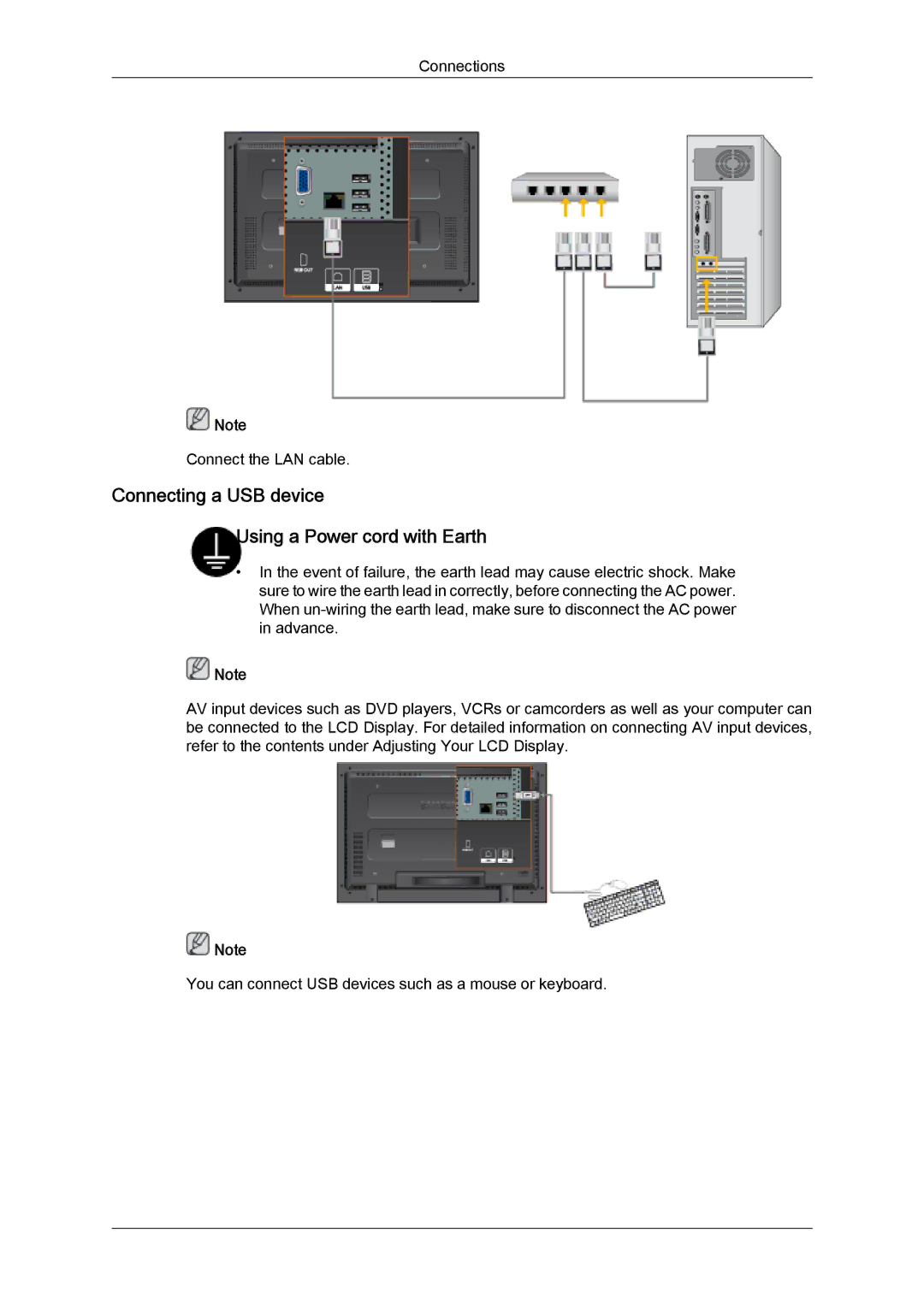 Samsung 460TSN-2, 400TSN-2 quick start Connecting a USB device Using a Power cord with Earth 