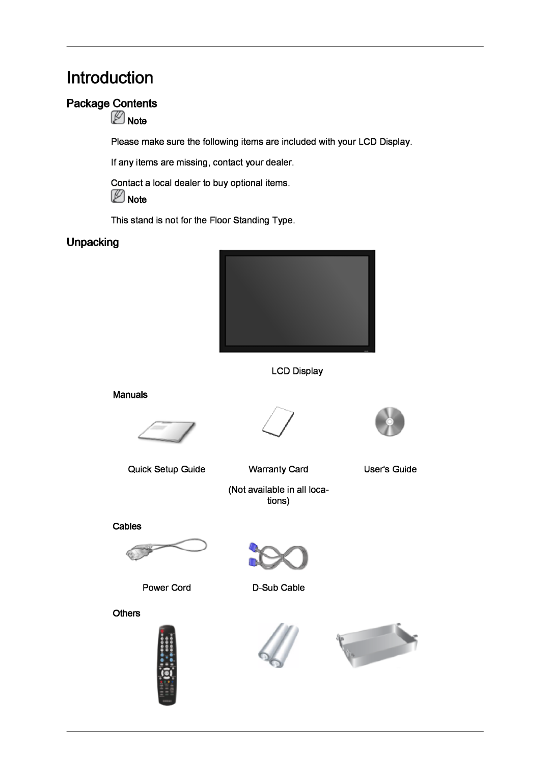 Samsung 400TSN-2, 460TSN-2 quick start Introduction, Package Contents, Unpacking, Manuals, Cables, Others 