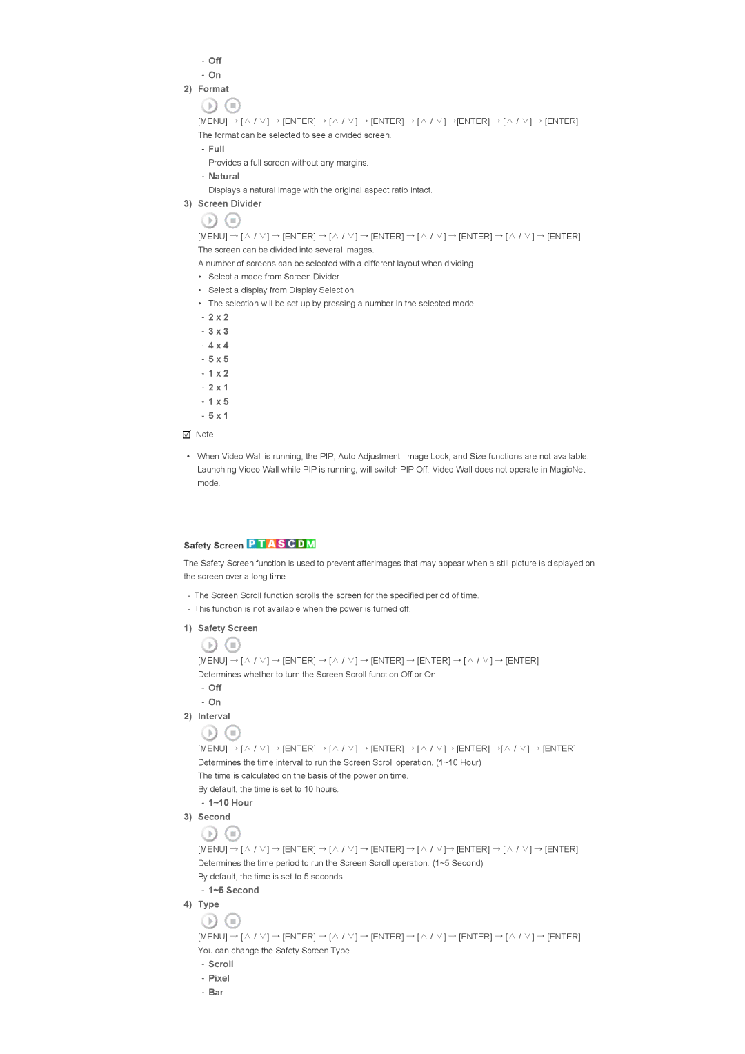 Samsung 400TXn Off Format, Full, Natural, Screen Divider, Safety Screen, Off Interval, ~10 Hour Second, ~5 Second Type 