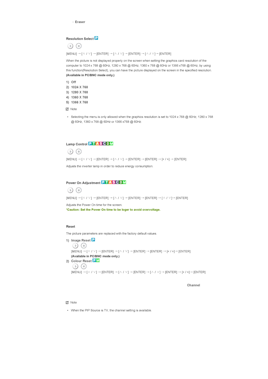 Samsung 400TXn specifications Eraser, Off 1024 X 1280 X 1360 X 1366 X, Image Reset, Colour Reset 