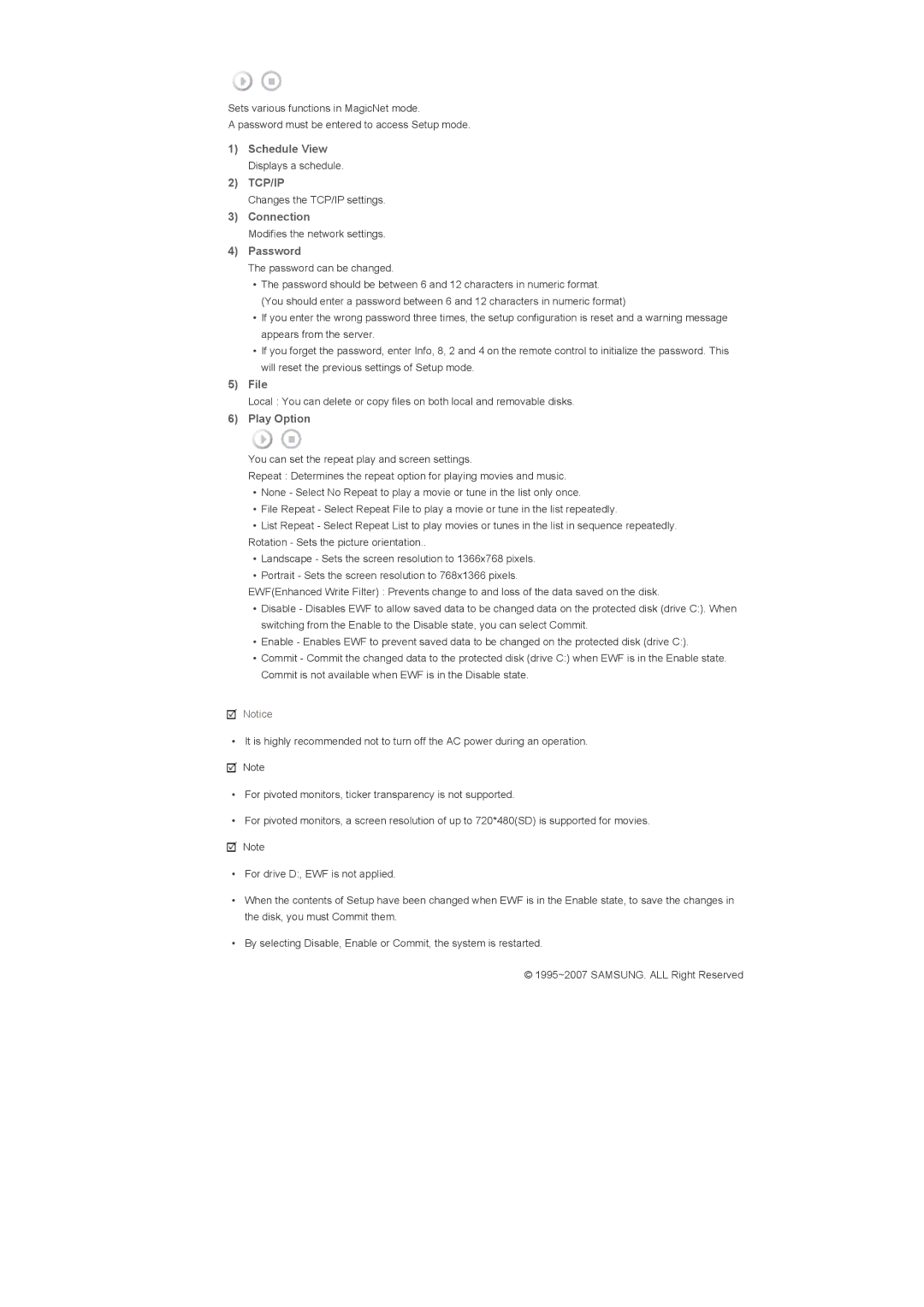 Samsung 400TXn specifications Schedule View Displays a schedule, Connection, Password, File, Play Option 