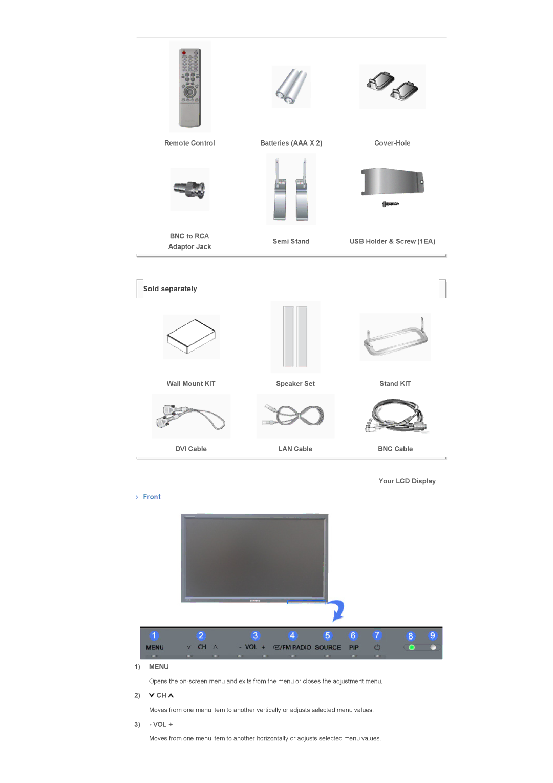 Samsung 400TXn Remote Control Batteries AAA X, BNC to RCA Semi StandUSB Holder & Screw 1EA Adaptor Jack, Stand KIT, Vol + 