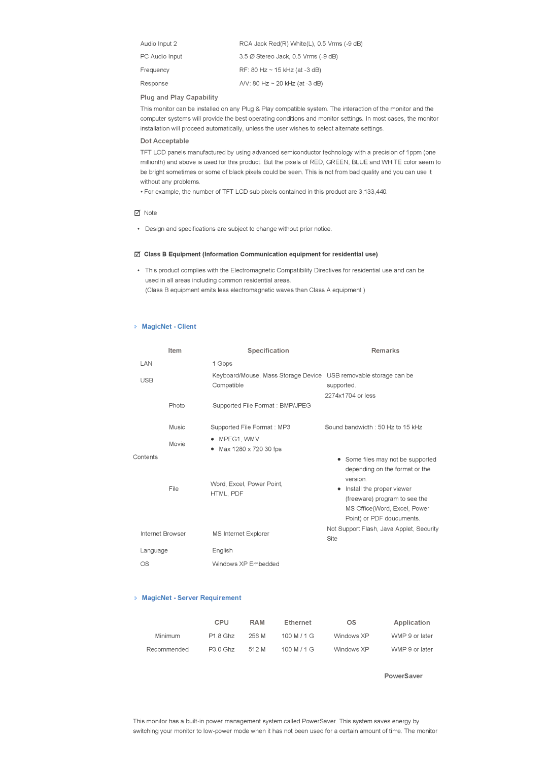 Samsung 400TXn specifications MagicNet Client, PowerSaver 