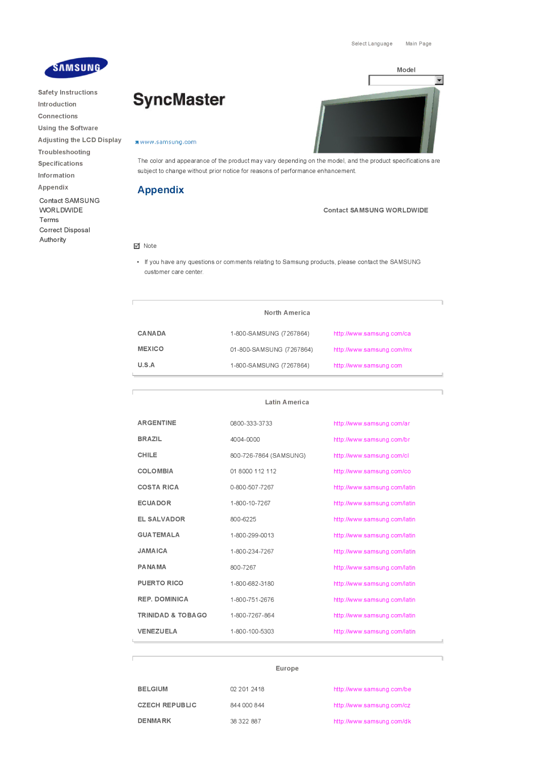 Samsung 400TXn specifications Appendix 