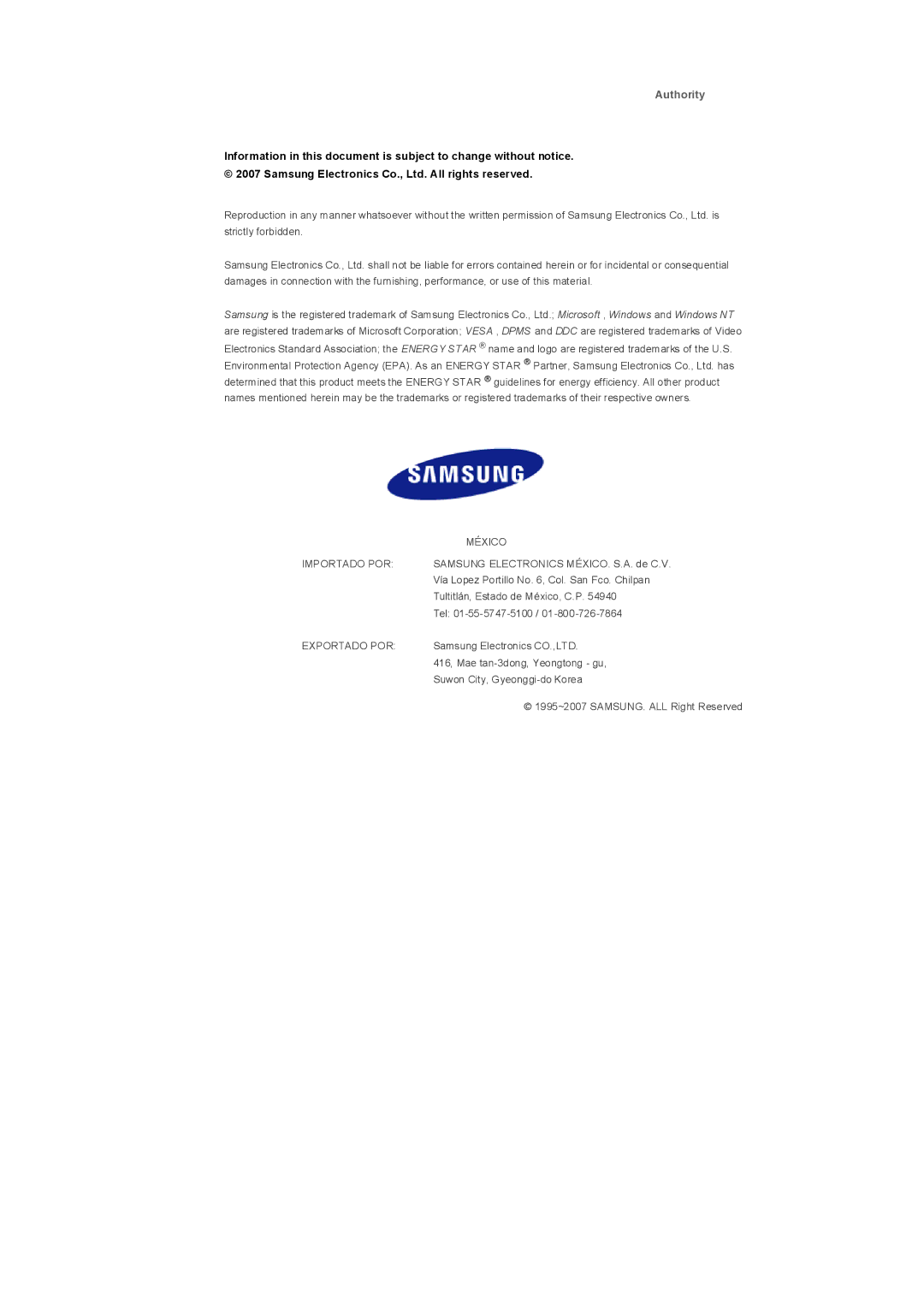 Samsung 400TXn specifications Authority 