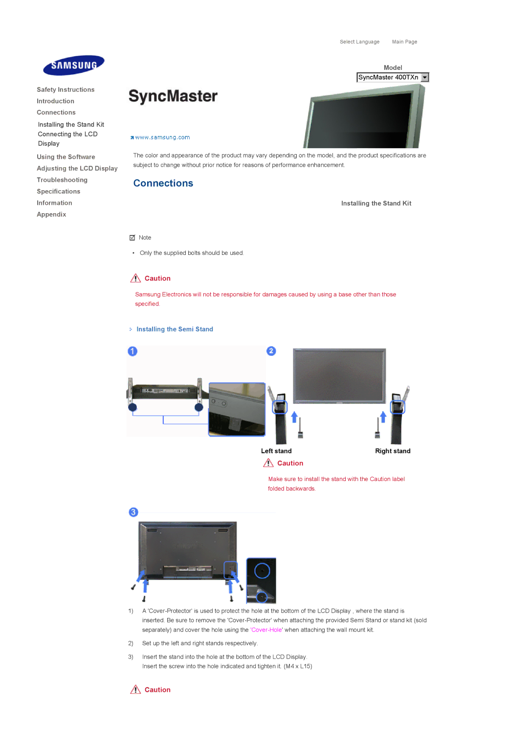 Samsung 400TXn specifications Installing the Stand Kit, Installing the Semi Stand 