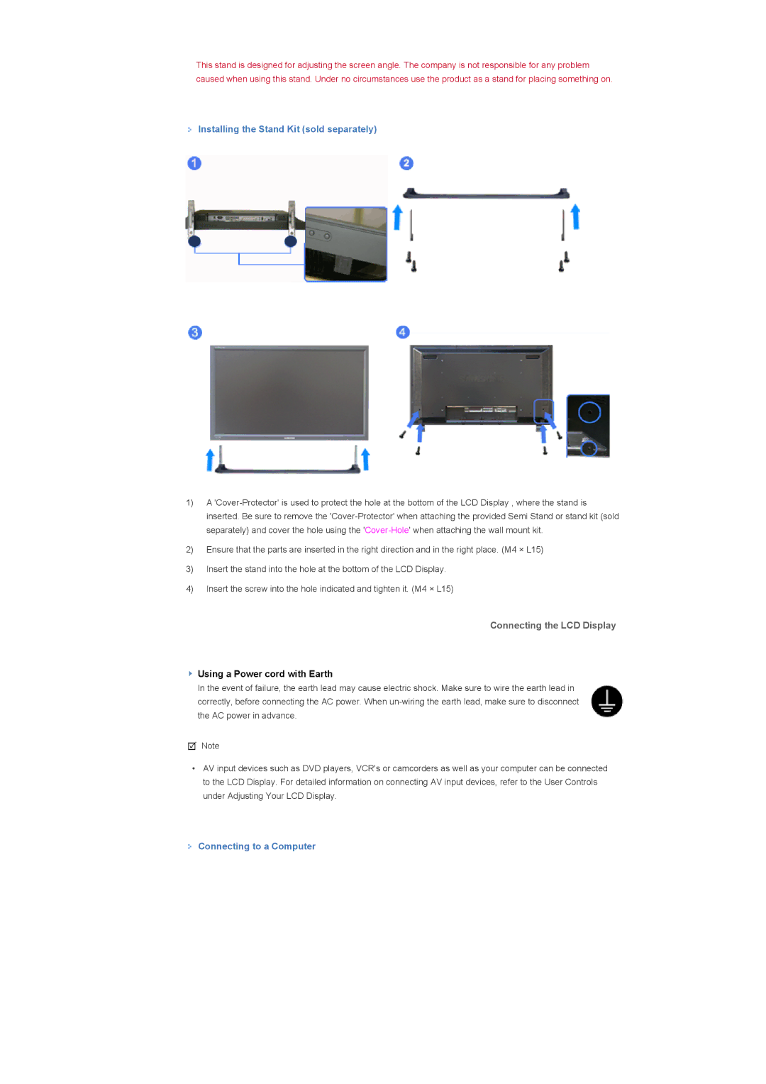 Samsung 400TXn Installing the Stand Kit sold separately, Connecting the LCD Display, Connecting to a Computer 