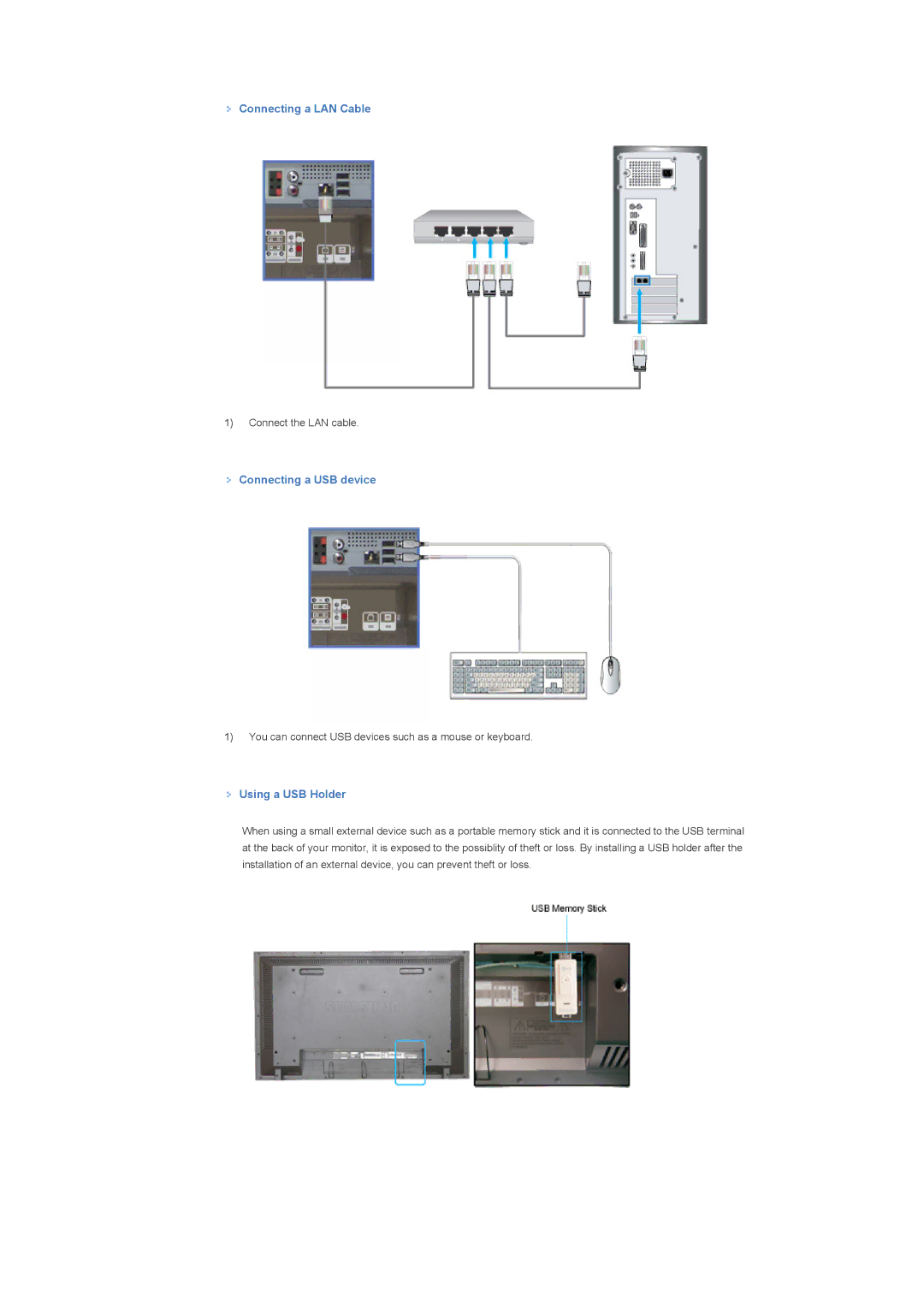 Samsung 400TXn specifications Connecting a LAN Cable, Connecting a USB device, Using a USB Holder 