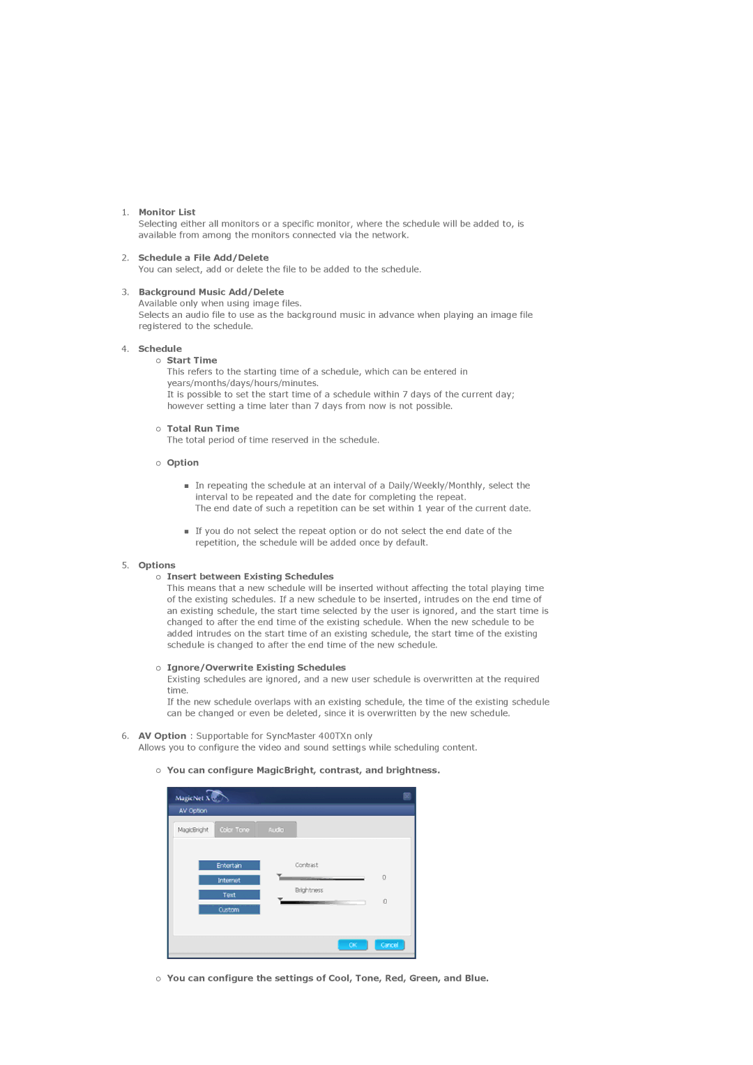 Samsung 400TXn specifications Monitor List, Schedule a File Add/Delete, Schedule Start Time, Total Run Time, Option 