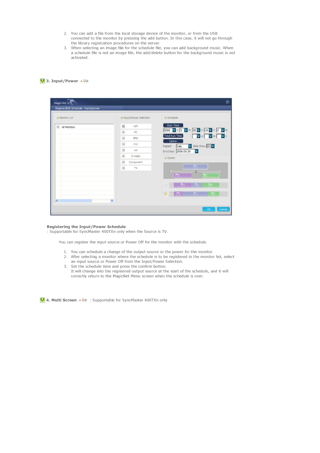 Samsung 400TXn specifications Input/Power Registering the Input/Power Schedule 