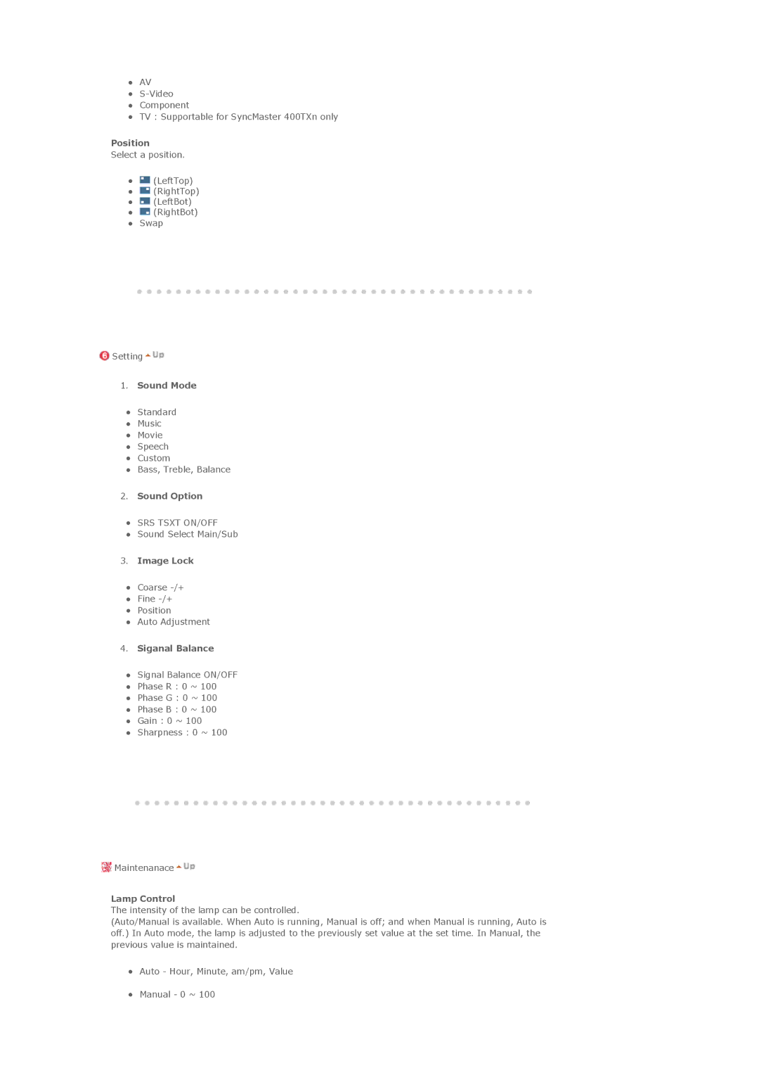 Samsung 400TXn specifications Position, Sound Mode, Sound Option, Image Lock, Siganal Balance, Lamp Control 