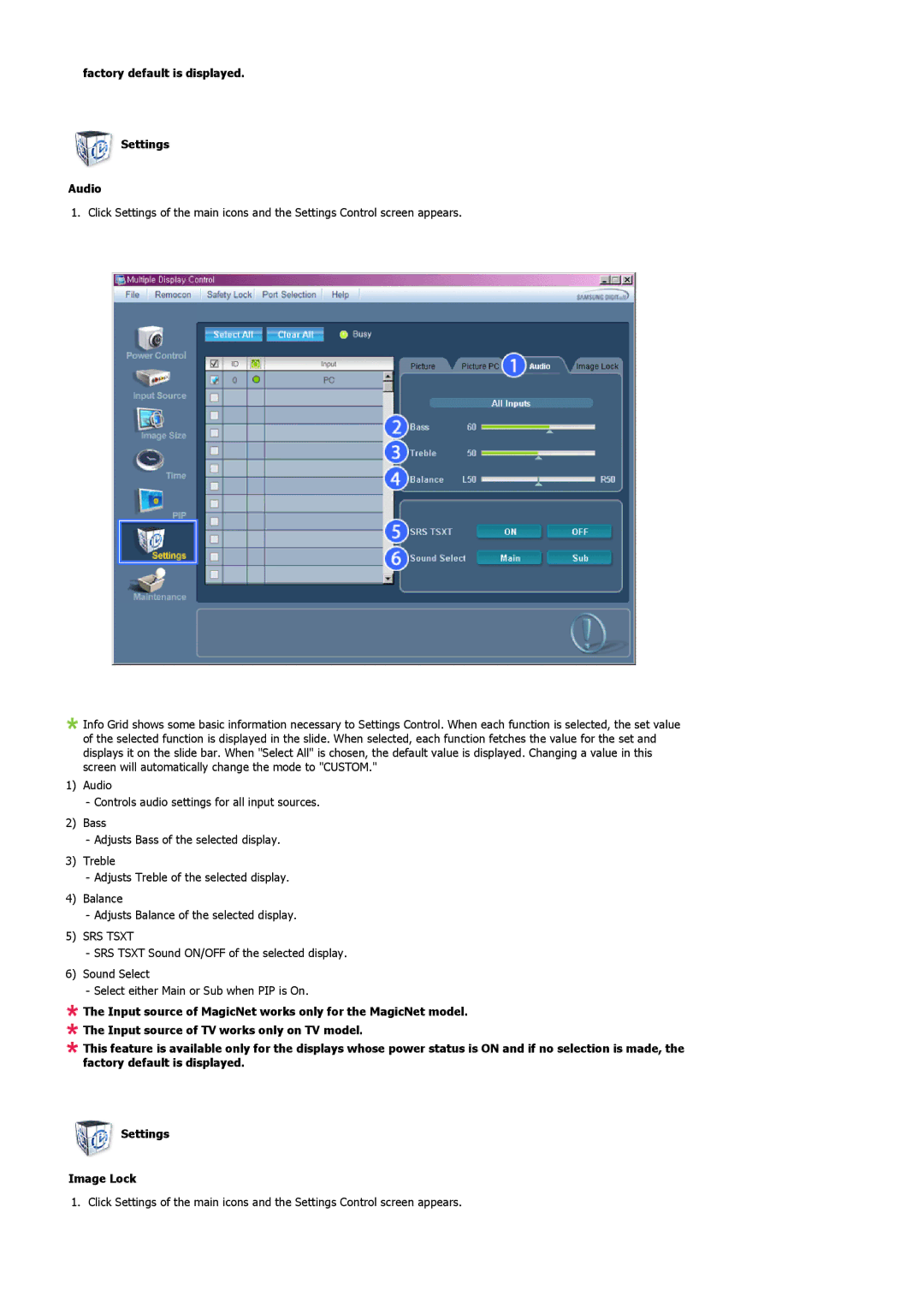 Samsung 400TXn specifications Factory default is displayed Settings Audio 