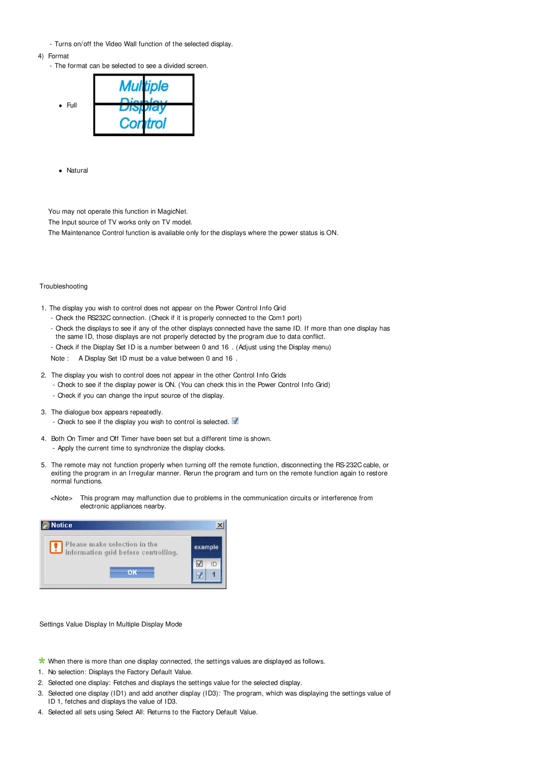 Samsung 400TXn specifications Settings Value Display In Multiple Display Mode 