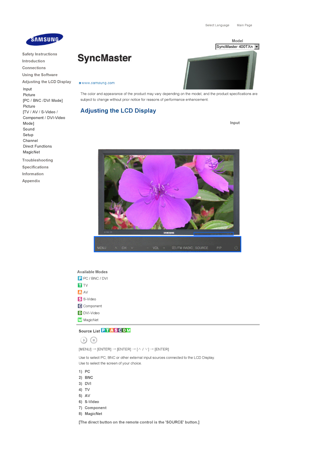 Samsung 400TXn specifications Input Available Modes, Source List 
