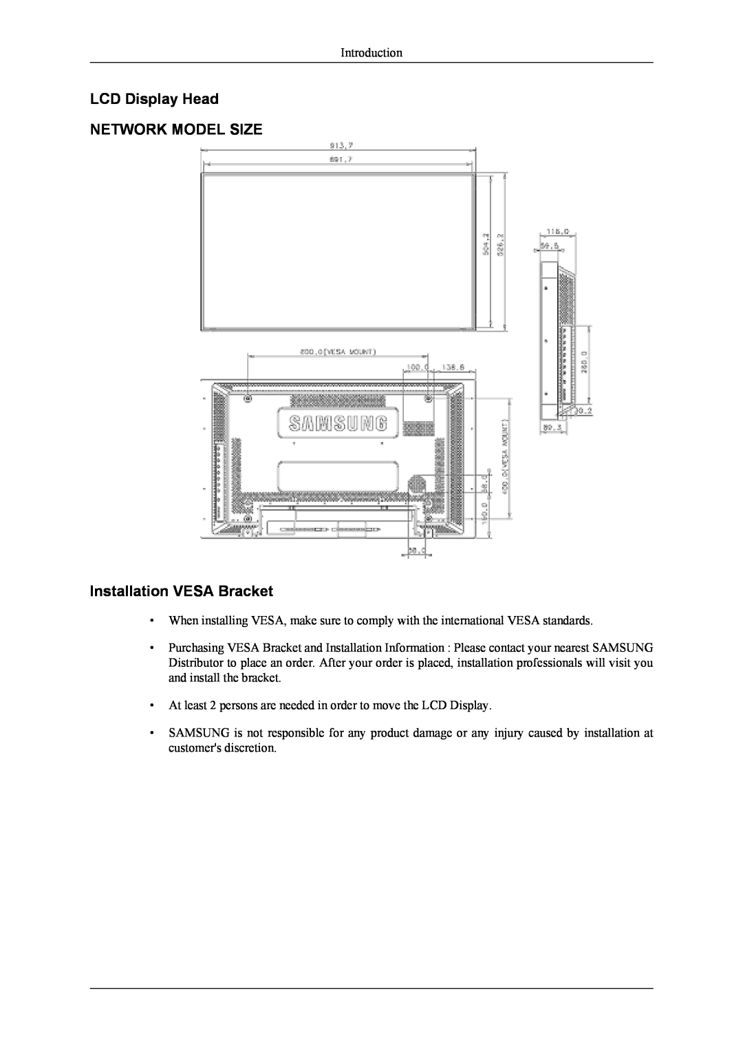 Samsung 400UXn user manual LCD Display Head NETWORK MODEL SIZE Installation VESA Bracket 