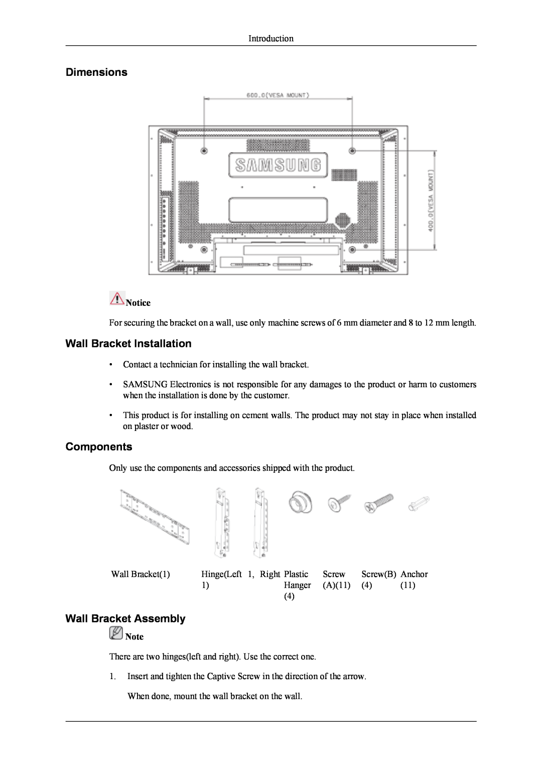 Samsung 400UXn user manual Dimensions, Wall Bracket Installation, Components, Wall Bracket Assembly, Anchor 