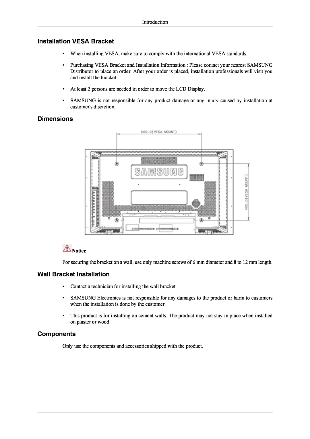 Samsung 400UXn user manual Installation VESA Bracket, Dimensions, Wall Bracket Installation, Components 