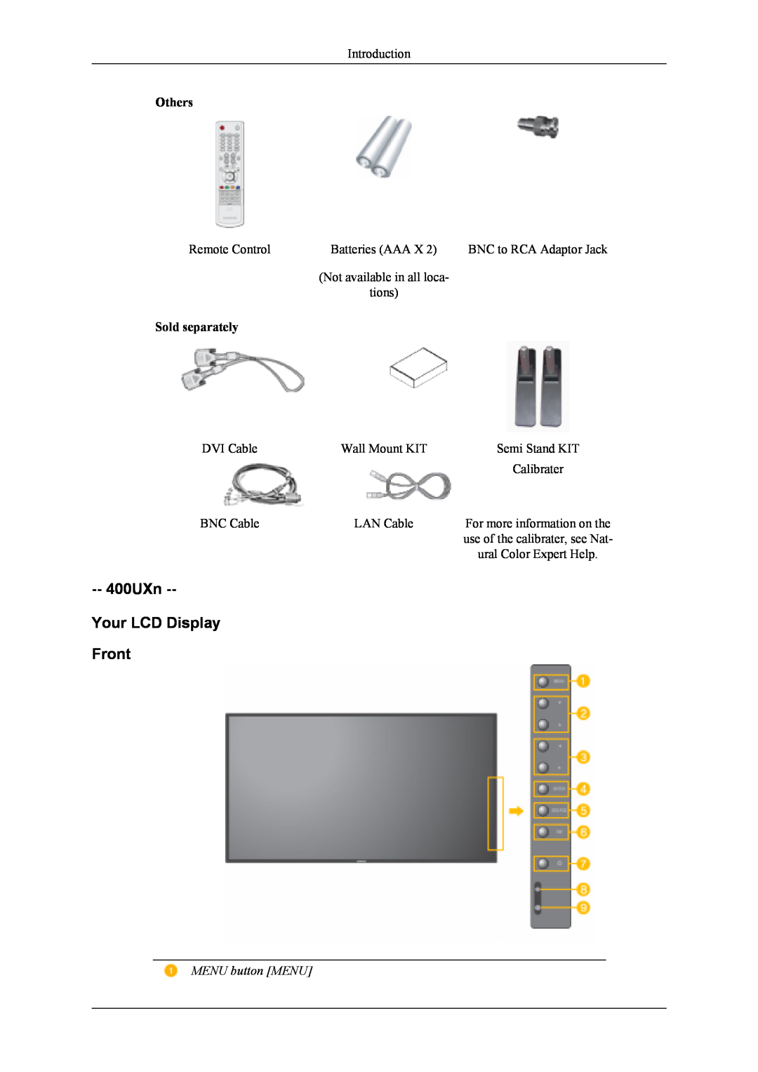 Samsung user manual 400UXn Your LCD Display Front, Others, Sold separately 