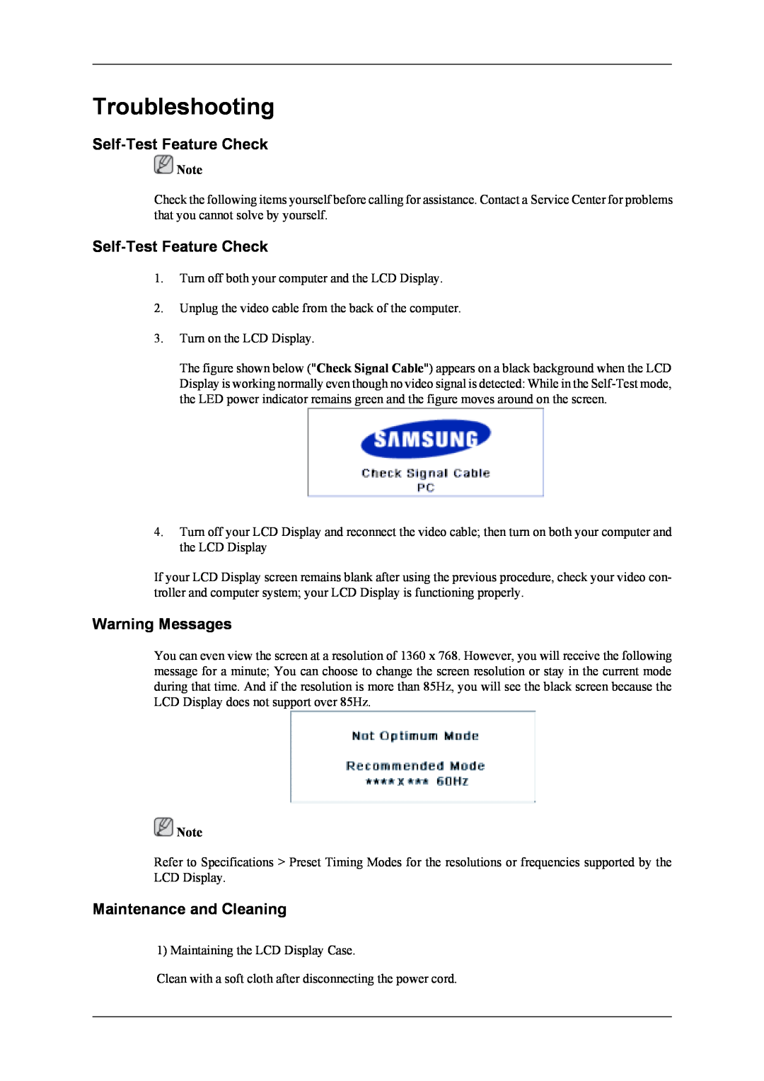 Samsung 400UXn user manual Troubleshooting, Self-Test Feature Check, Warning Messages, Maintenance and Cleaning 