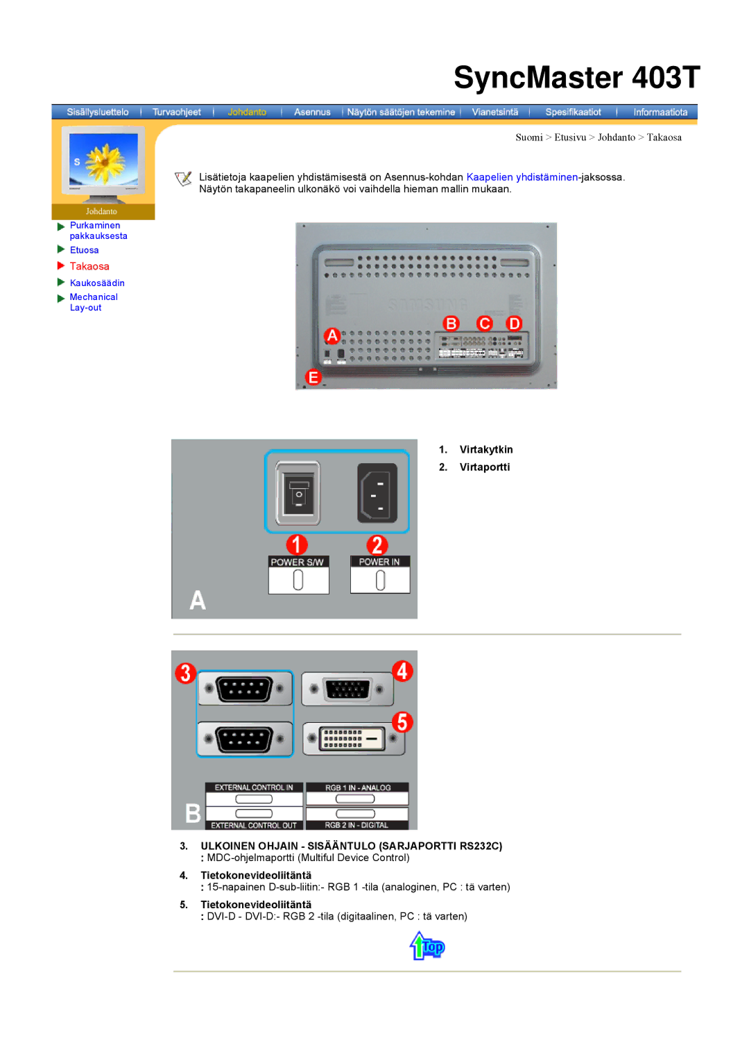 Samsung 403 T manual Takaosa, Virtakytkin Virtaportti, Tietokonevideoliitäntä 