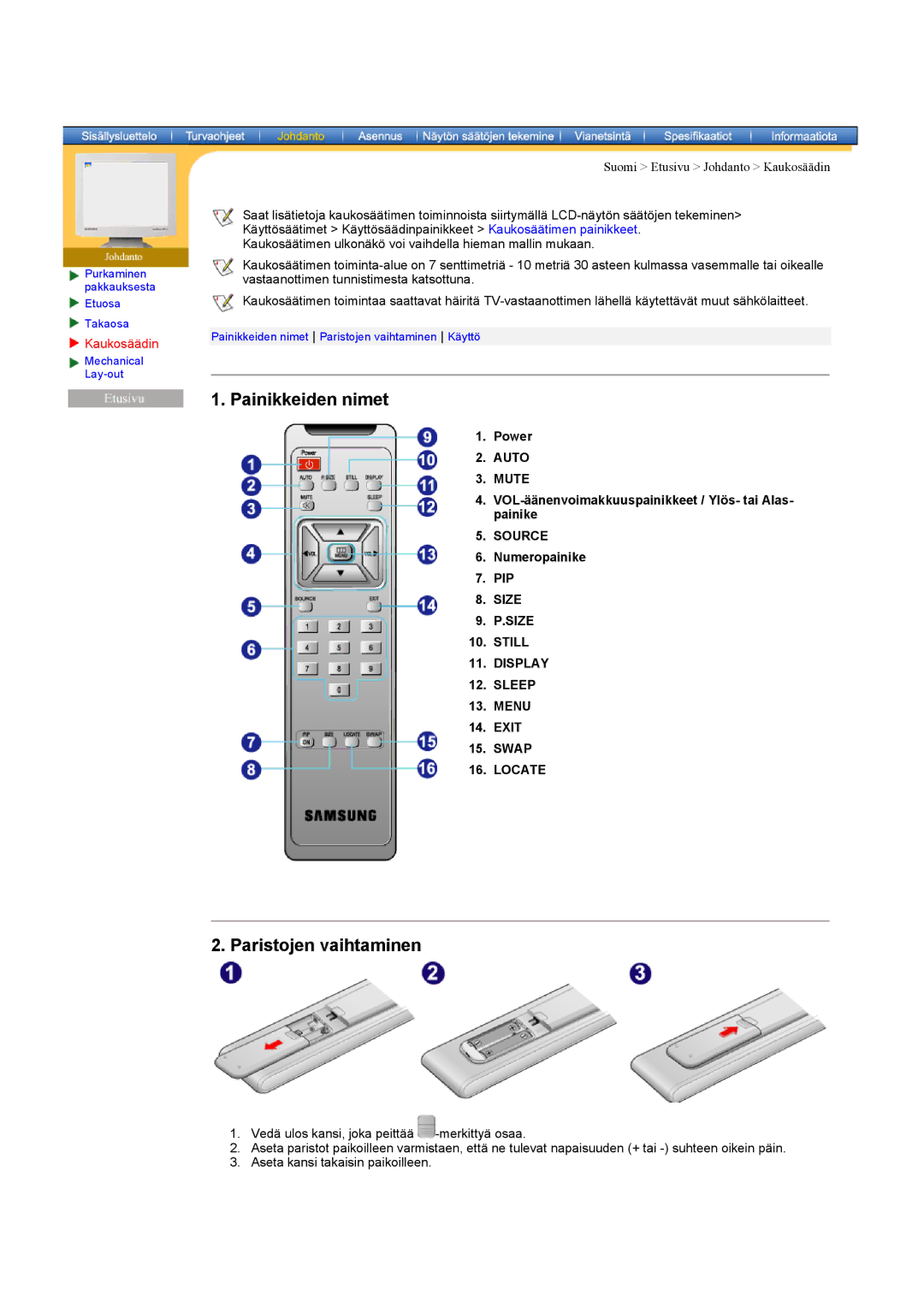 Samsung 403 T manual Painikkeiden nimet, Paristojen vaihtaminen 