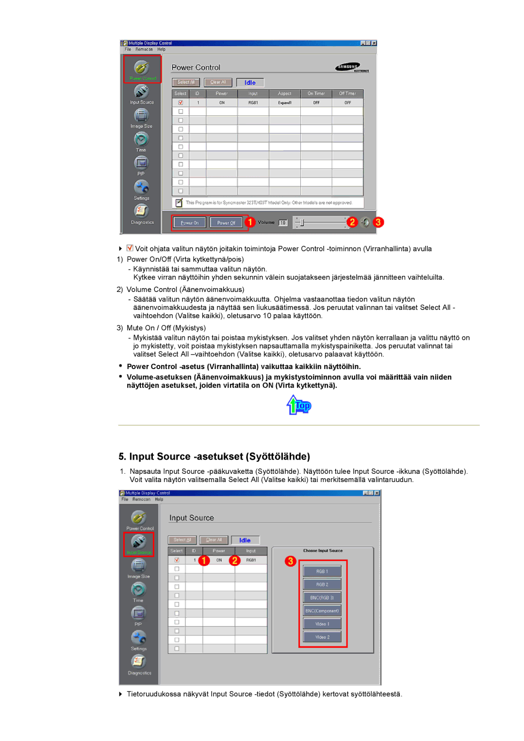 Samsung 403 T manual Input Source -asetukset Syöttölähde 