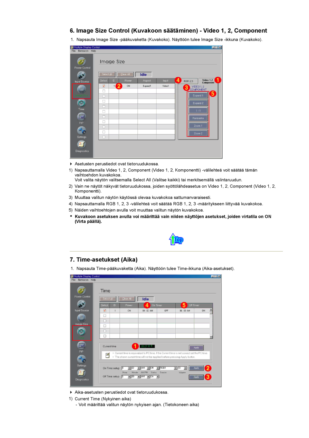 Samsung 403 T manual Image Size Control Kuvakoon säätäminen Video 1, 2, Component, Time-asetukset Aika 