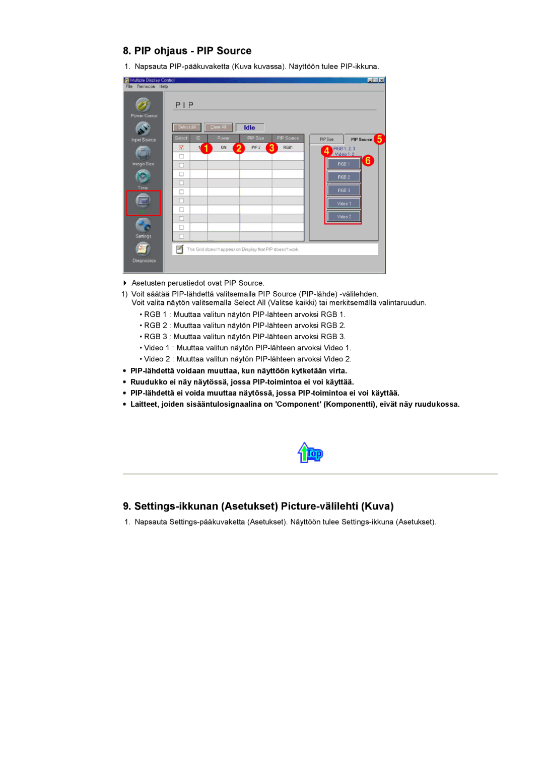 Samsung 403 T manual PIP ohjaus PIP Source, Settings-ikkunan Asetukset Picture-välilehti Kuva 