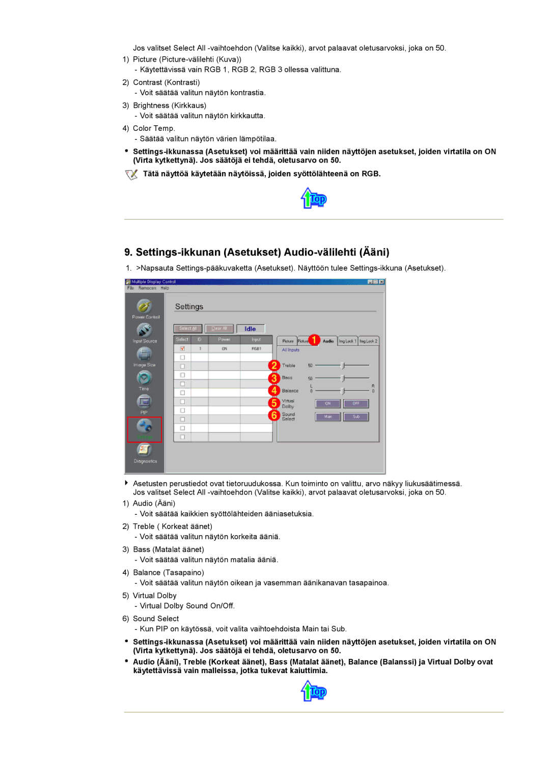 Samsung 403 T manual Settings-ikkunan Asetukset Audio-välilehti Ääni 