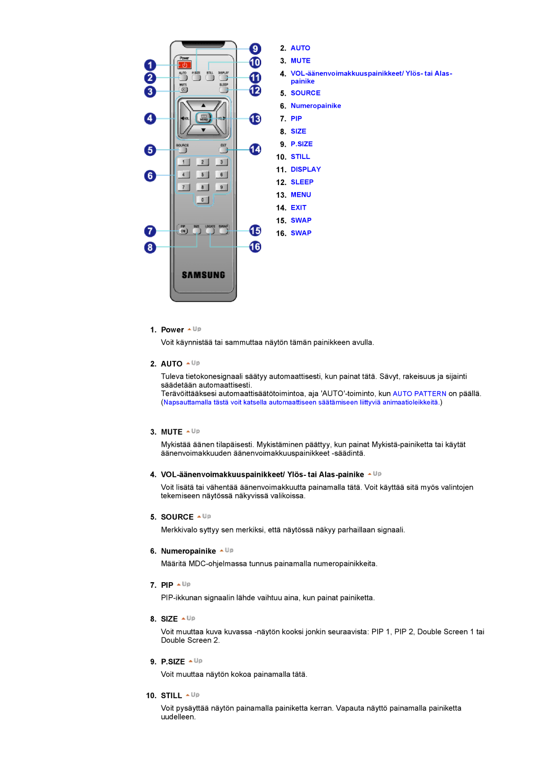 Samsung 403 T manual Mute, VOL-äänenvoimakkuuspainikkeet/ Ylös- tai Alas-painike, Numeropainike, Size, Still 