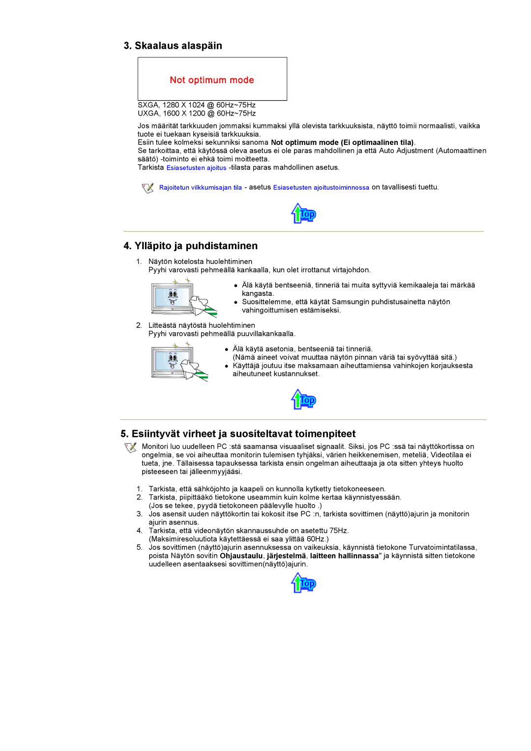 Samsung 403 T manual Skaalaus alaspäin, Ylläpito ja puhdistaminen, Esiintyvät virheet ja suosíteltavat toimenpiteet 