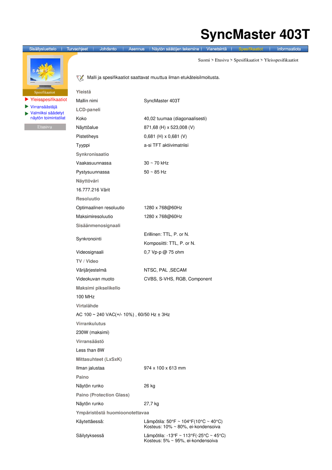 Samsung 403 T manual Yleisspesifikaatiot, LCD-paneli 