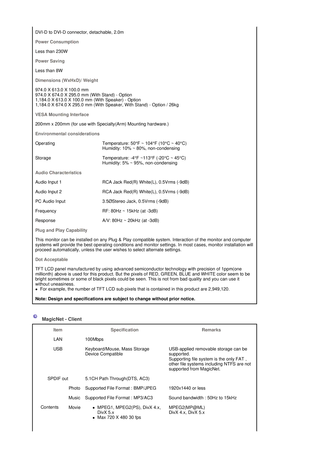 Samsung 403Tn manual MagicNet Client, Dimensions WxHxD/ Weight 